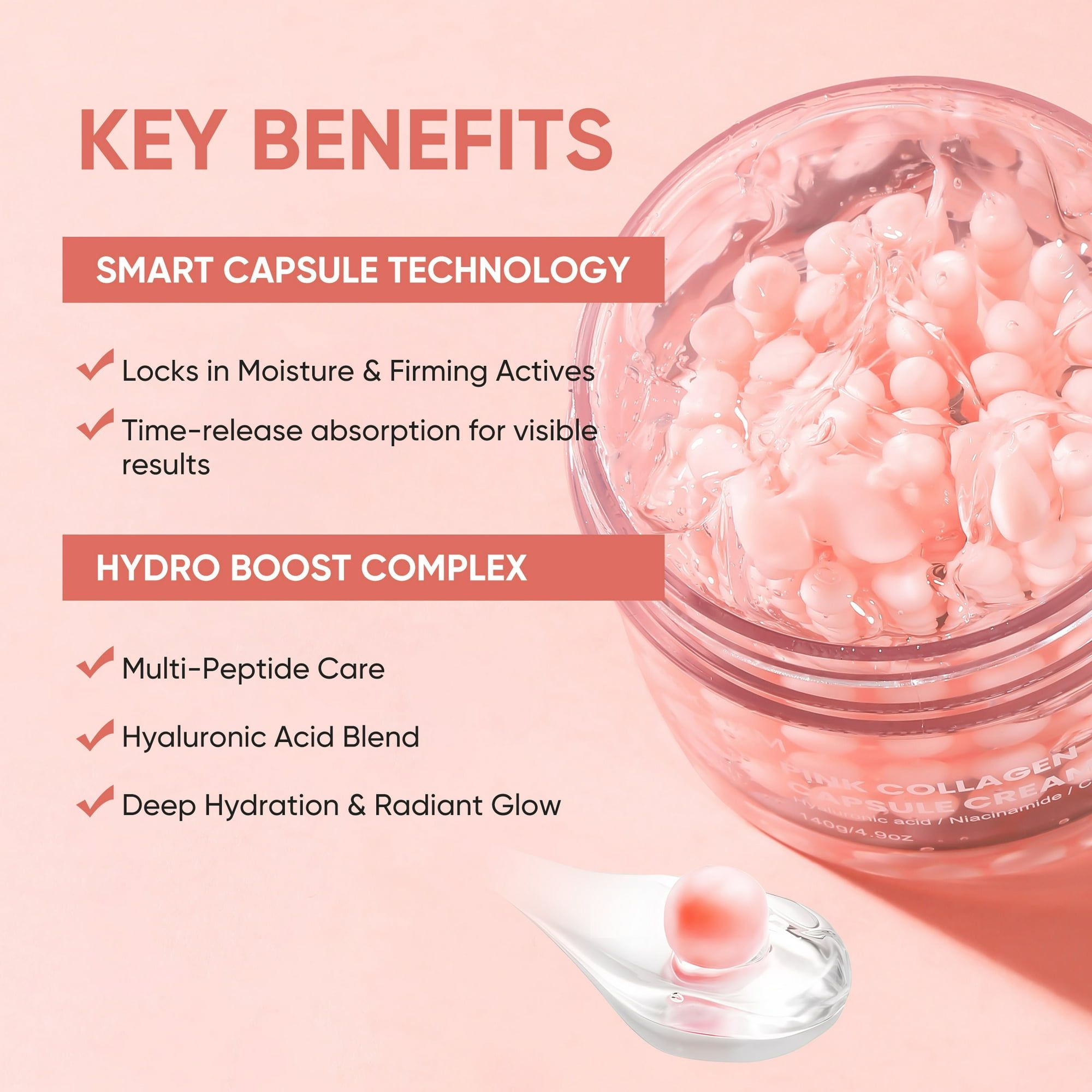 Pink Collagen Capsule Cream Face Moisturizer Lightweight Cream With Collagen Hyaluronic Acid And Niacinamide For Uneven Skin Tone Glow Radiant Hydration 140g