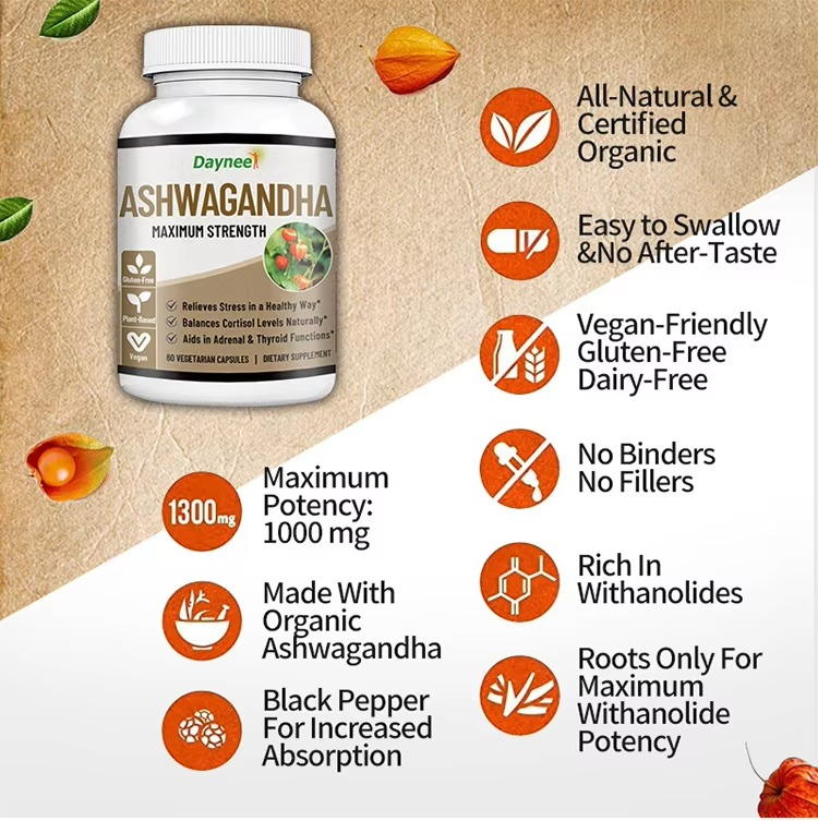 Daynee Ashwagandha Maximum Strength Capsules Stress Relief Hormonal Balance Energy Stamina Mood Focus Vitality Adrenal And Thyroid Support Natural Wellness Supplement