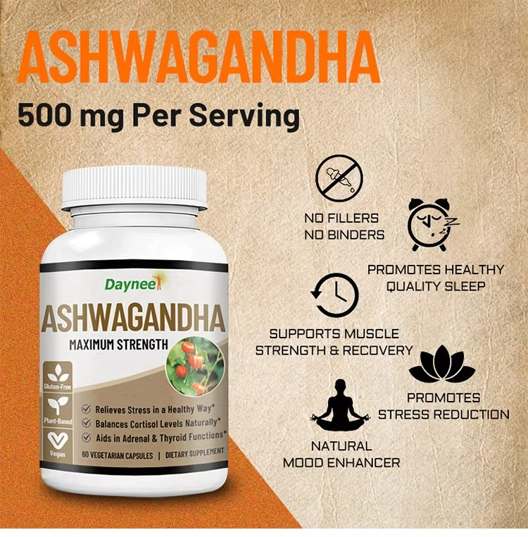 Daynee Ashwagandha Maximum Strength Capsules Stress Relief Hormonal Balance Energy Stamina Mood Focus Vitality Adrenal And Thyroid Support Natural Wellness Supplement
