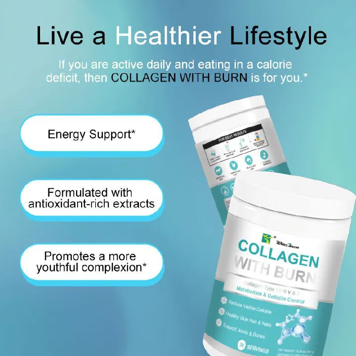WinsTown Collagen With Burn Premium Multi-Type Collagen Powder For Cellulite Control Healthy Skin Hair Nails Strong Joints Bones Metabolism Boost And Body Wellness 30 Servings