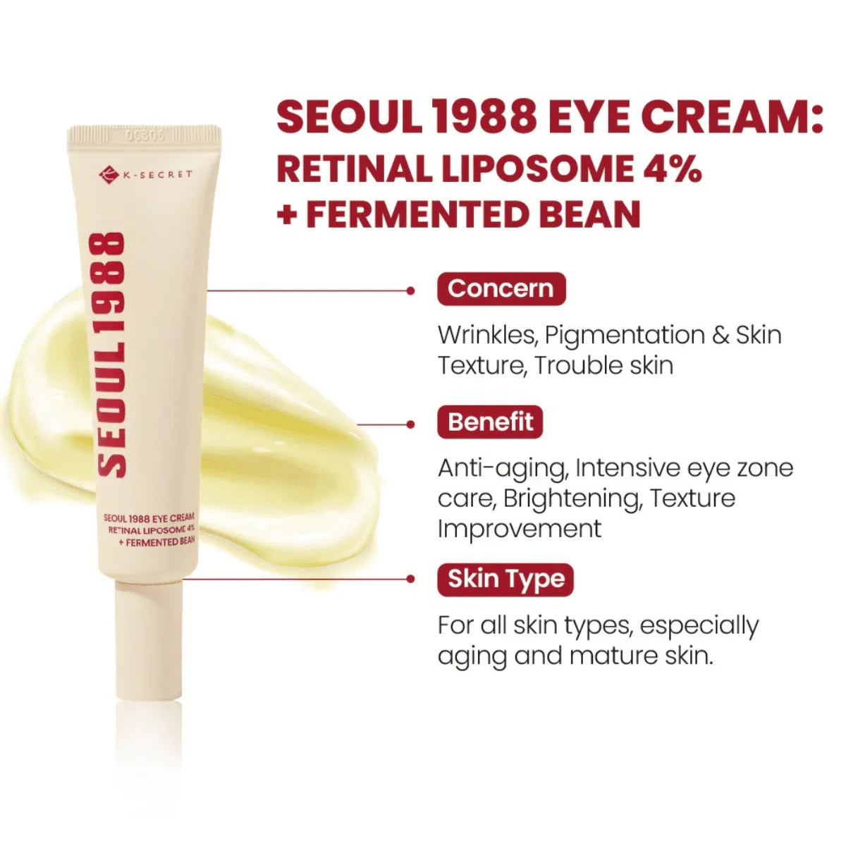 K-Secret Seoul 1988 Eye Cream Retinal Liposome 4% + Fermented Bean – 30ml Advanced Retinal Eye Cream That Smooths Wrinkles Brightens Dark Circles And Firms Delicate Skin