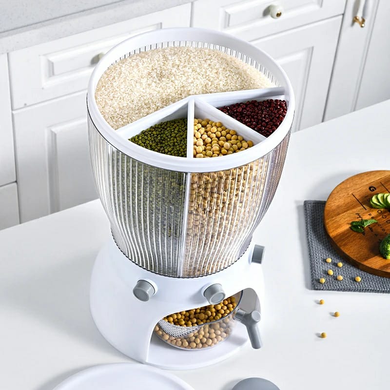 Partitioned heavy plastic and Acrylic rotating kitchen cereals dispenser with press buttons and capacity of 10KGS