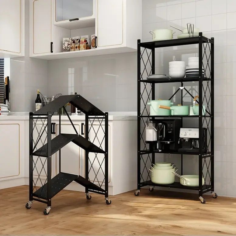 5 Tiers foldable metallic multipurpose rack/organizer with shelves and wheels