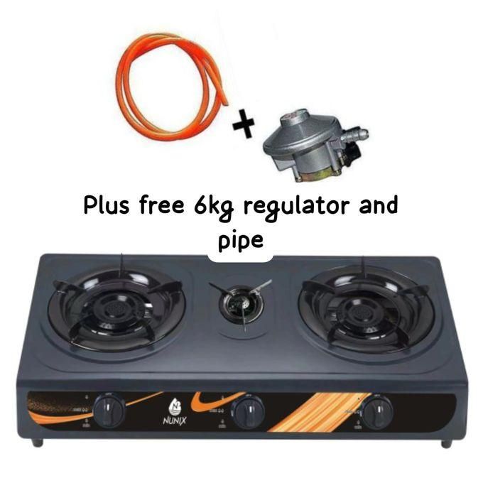 Nunix 3 Burner Auto Ignition Table Top Cooker Plus Free 6kg Regulator And Pipe