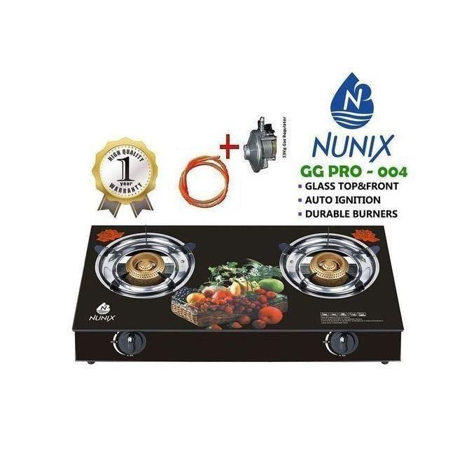 Nunix Glass Table Top Double Burner Gas Stove + Pipe & 6KG Regulator And Clips