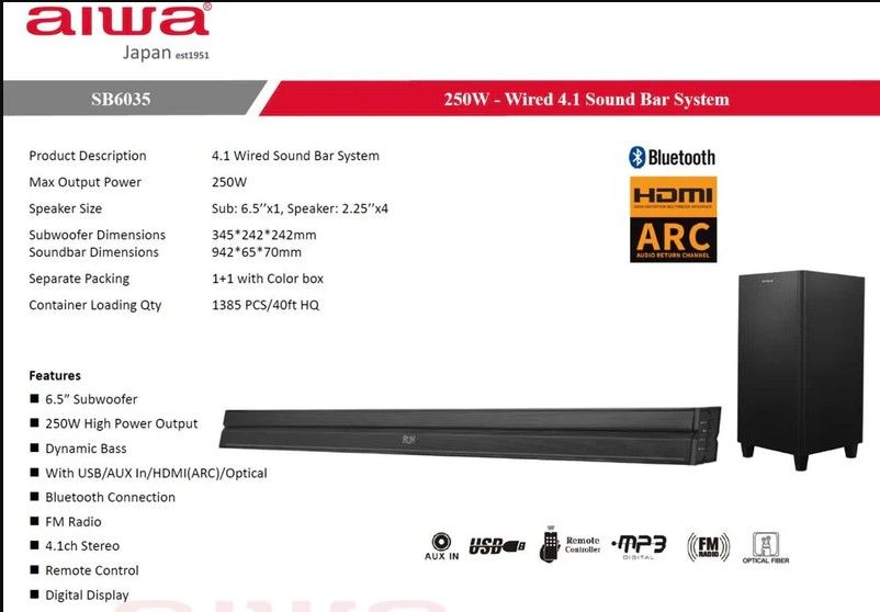 AIWA SB-6035 WIRELESS 2.1-CHANNEL SOUNDBAR SYSTEM – 250W TOTAL POWER, BLUETOOTH & MULTI-INPUT