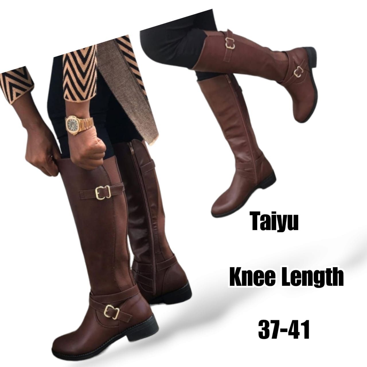 aiyu Women's Pure Leather Knee-High Boots - Zip-Up, Double Buckle Design, Stylish & Durable High-Quality Leather Boots Comfort