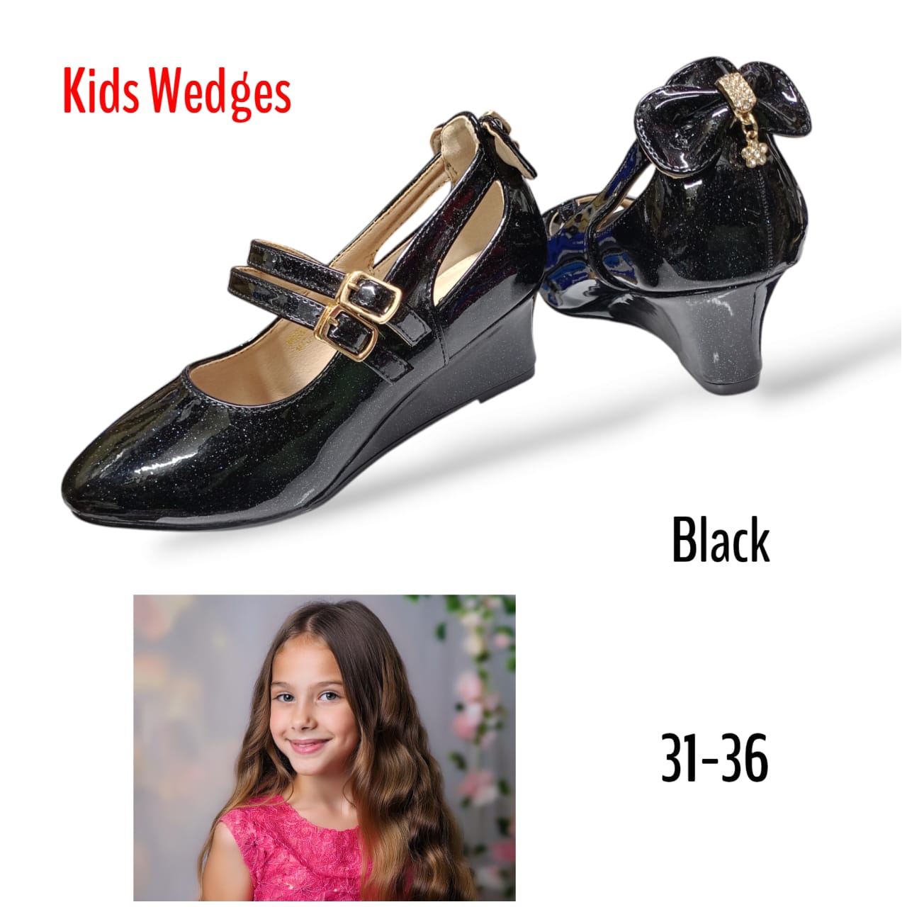 Girls' Low Wedge Shoes – Stylish Wet-Look Design for All Occasions – Comfortable & Durable Footwear for Parties, Weddings, and Everyday Wear