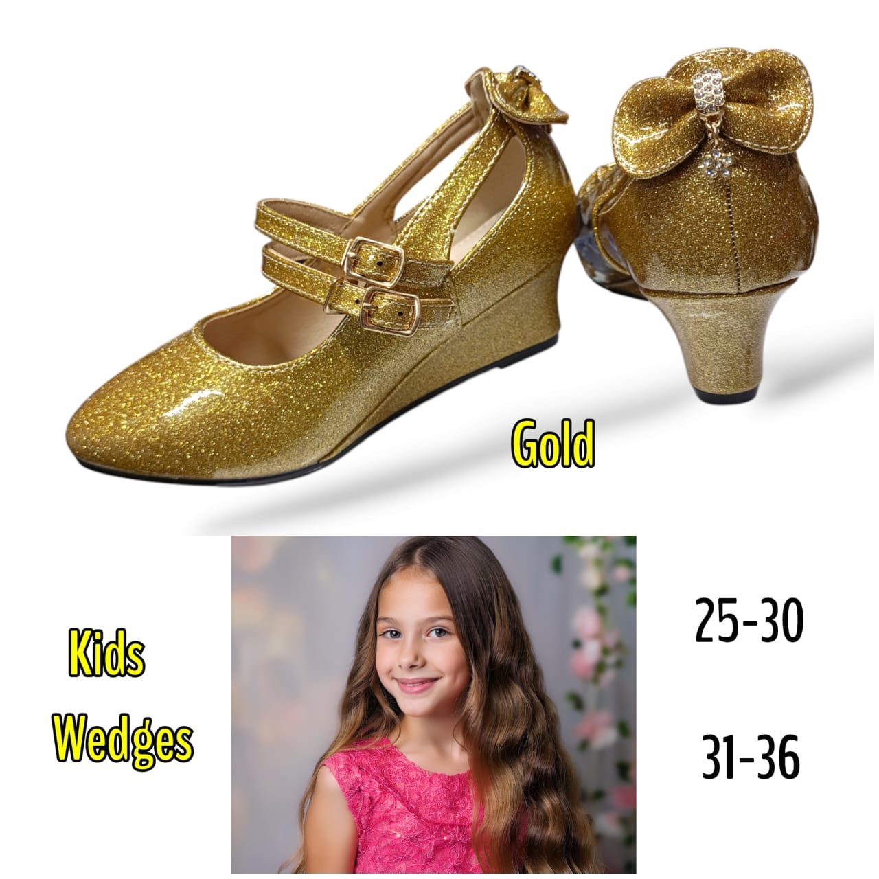 Girls' Low Wedge Shoes – Stylish Wet-Look Design for All Occasions – Comfortable & Durable Footwear for Parties, Weddings, and Everyday Wear