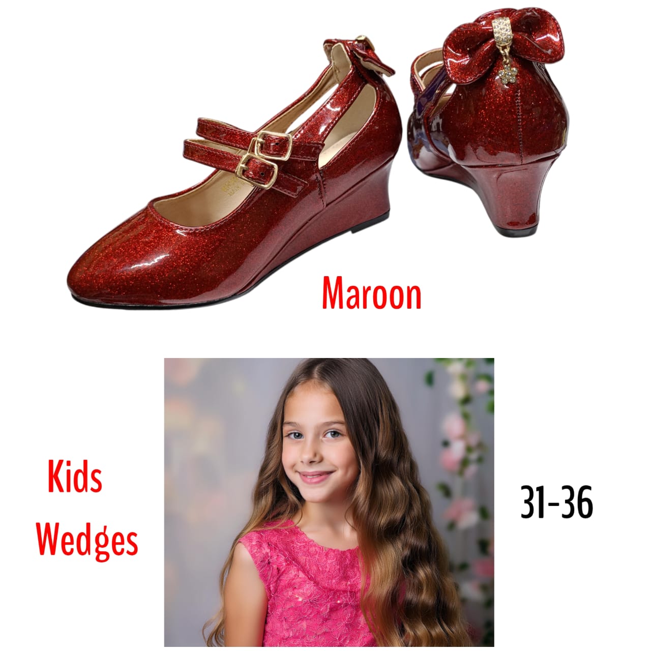 Girls' Low Wedge Shoes – Stylish Wet-Look Design for All Occasions – Comfortable & Durable Footwear for Parties, Weddings, and Everyday Wear
