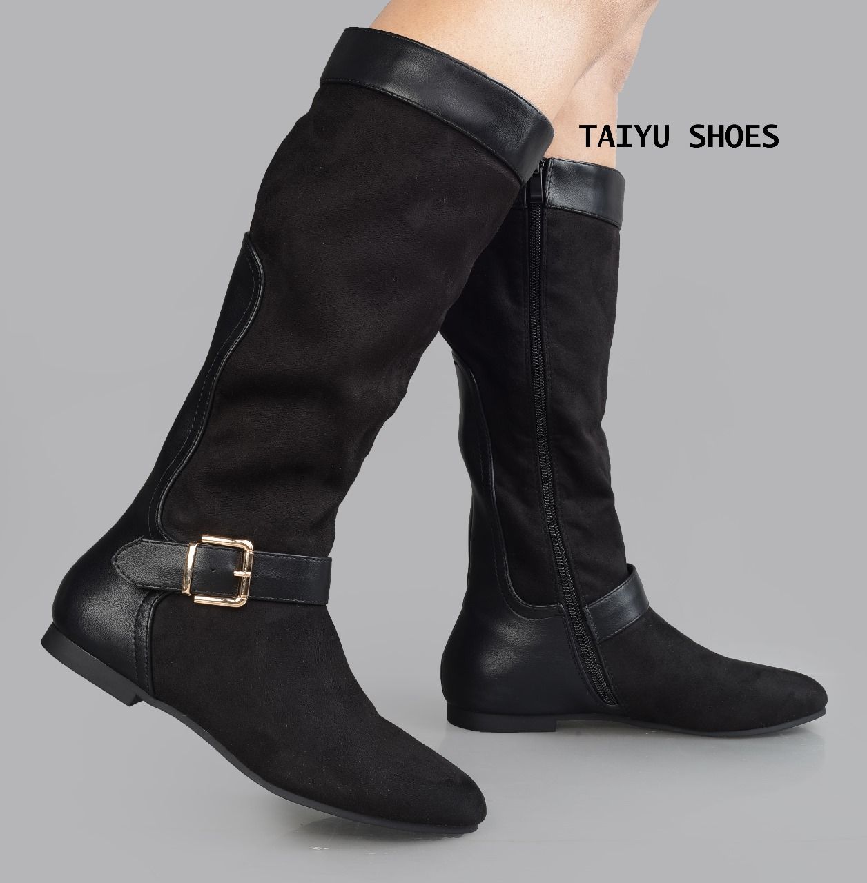Women's Pure Leather  mixed with velvet material Knee-High Boots - Zip-Up, Double Buckle Design, Stylish & Durable High-Quality winter Leather Boots