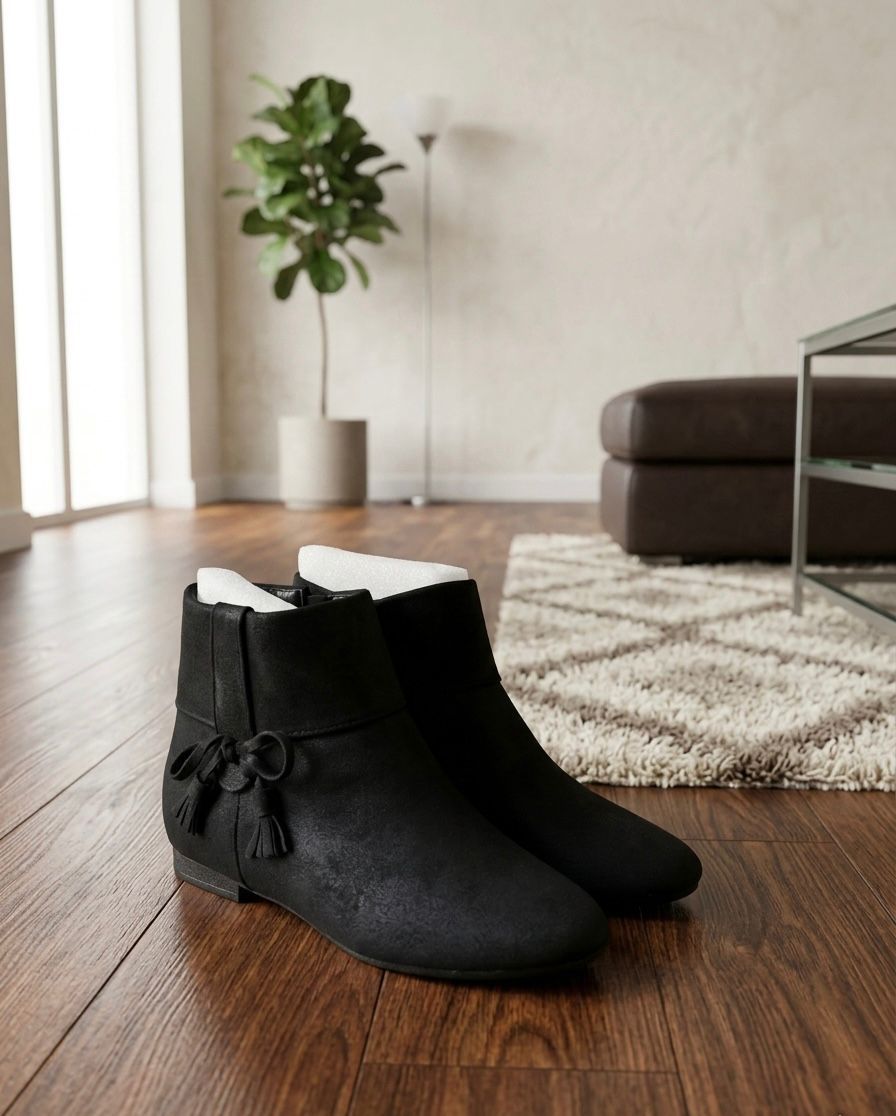 Women’s Black Faux Suede Ankle Boots – Flat Low Heel, Side Zipper Closure, Tassel Bow Detail, Soft Inner Lining, Non-Slip Sole, Lightweight Casual Comfort Fashion Booties for Everyday Wear