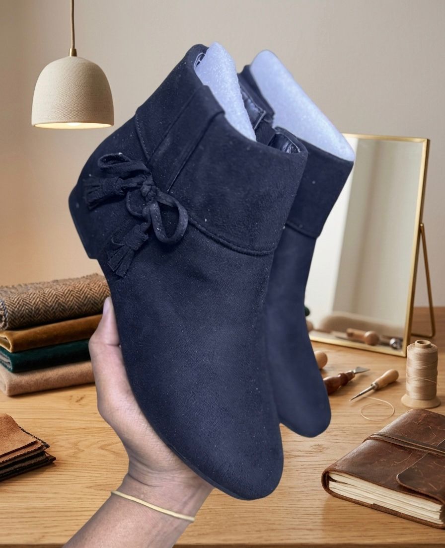 Women’s Black Faux Suede Ankle Boots – Flat Low Heel, Side Zipper Closure, Tassel Bow Detail, Soft Inner Lining, Non-Slip Sole, Lightweight Casual Comfort Fashion Booties for Everyday Wear