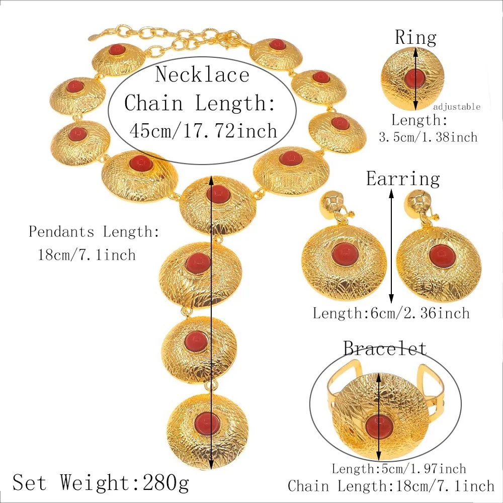 Jewelry Set For Women 24K Plating Necklace Big Round Pendant Luxury Earrings Bracelet Wedding Banquet Bijoux SYHOL