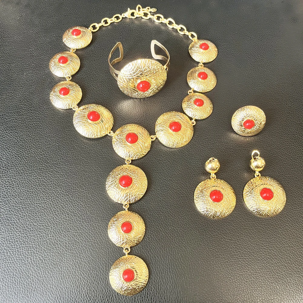 Jewelry Set For Women 24K Plating Necklace Big Round Pendant Luxury Earrings Bracelet Wedding Banquet Bijoux SYHOL