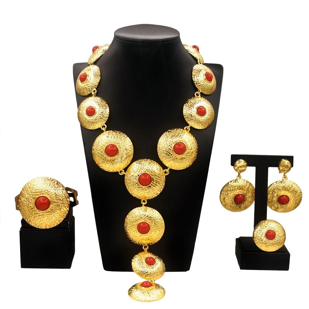 Jewelry Set For Women 24K Plating Necklace Big Round Pendant Luxury Earrings Bracelet Wedding Banquet Bijoux SYHOL