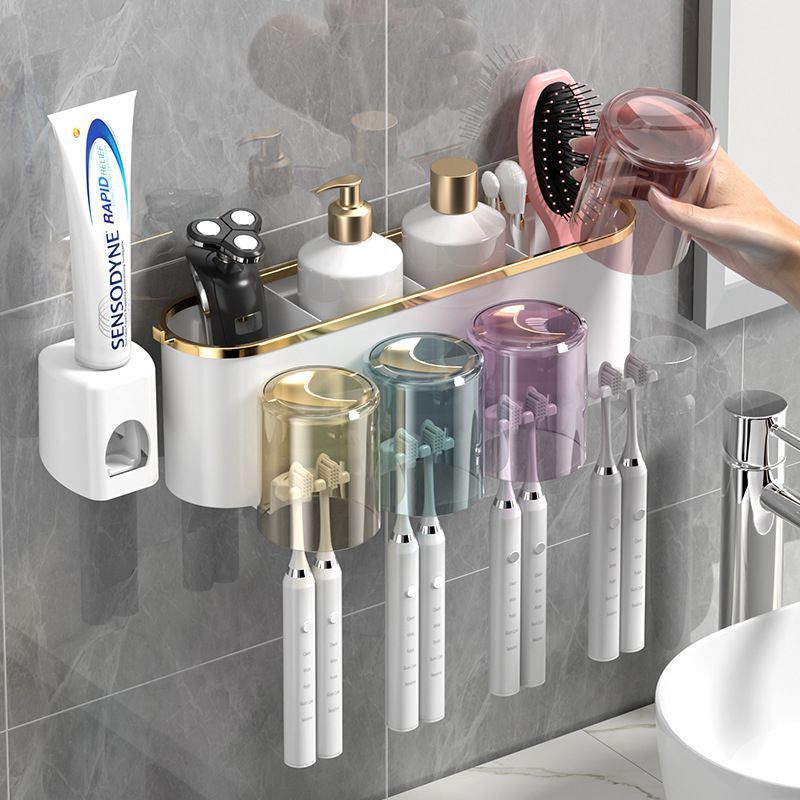 Toothbrush Rack Mouthwash Cup Bathroom Perforation-Free Wall Hanging Storage Rack
