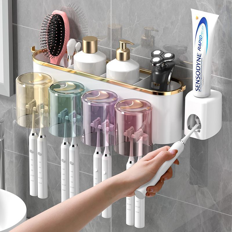 Toothbrush Rack Mouthwash Cup Bathroom Perforation-Free Wall Hanging Storage Rack