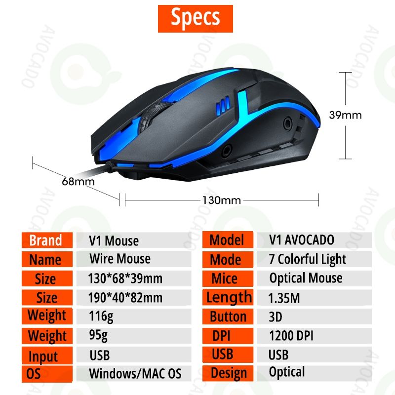 AVOCADO V1 Mice Game and Office USB Mouse Lighting Colorful For Laptops PC Cheap and Durable Mouse