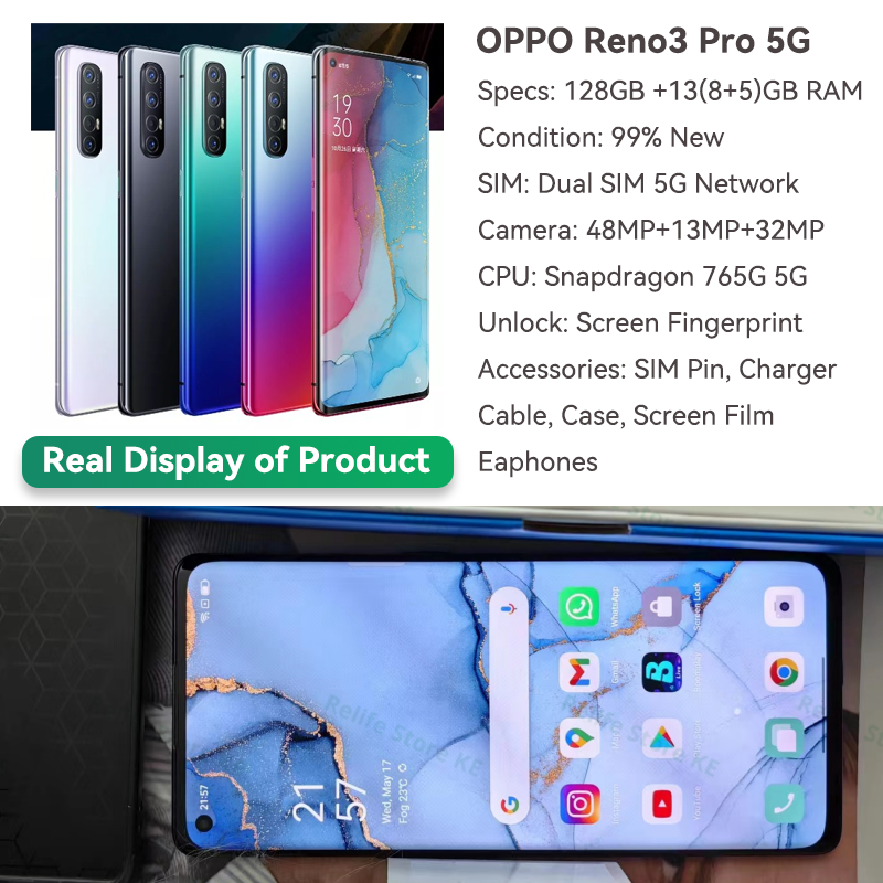 Refurbished Phone OPPO Reno3 Pro 13(8+5)GB RAM 90hz AMOLED Curved Screen 128GB Stoarge in-Display Fingerprint 48MP+32MP 4025 mAh 99% New Dual 5G Snapdragon 765G OPPO Reno 3 Pro Smart Phones