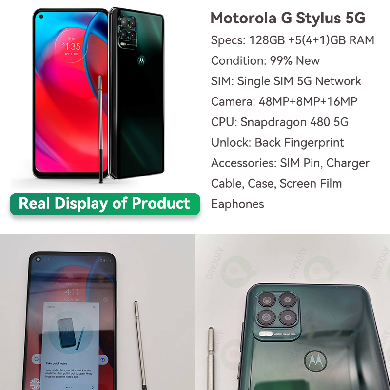 Refurbished Phones Motorola G Stylus 5G 128GB Storage 6.81" FHD+ (4+1)5GB RAM Snapdragon 480 5G Built in Stylus 48MP+10MP Camera Back Fingerprint Unlock Android 11 Smart Phones