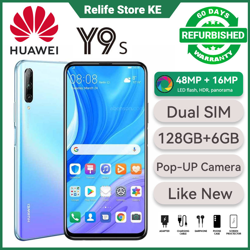 Refurbished Phone HUAWEI Y9s 6.59" FullView Dual SIM 128GB Storage 6GB RAM 48MP+16MP Pop Up Camera EMUI 9.1 4000mAh Battery Side Fingerprint Unlock Smart Phones