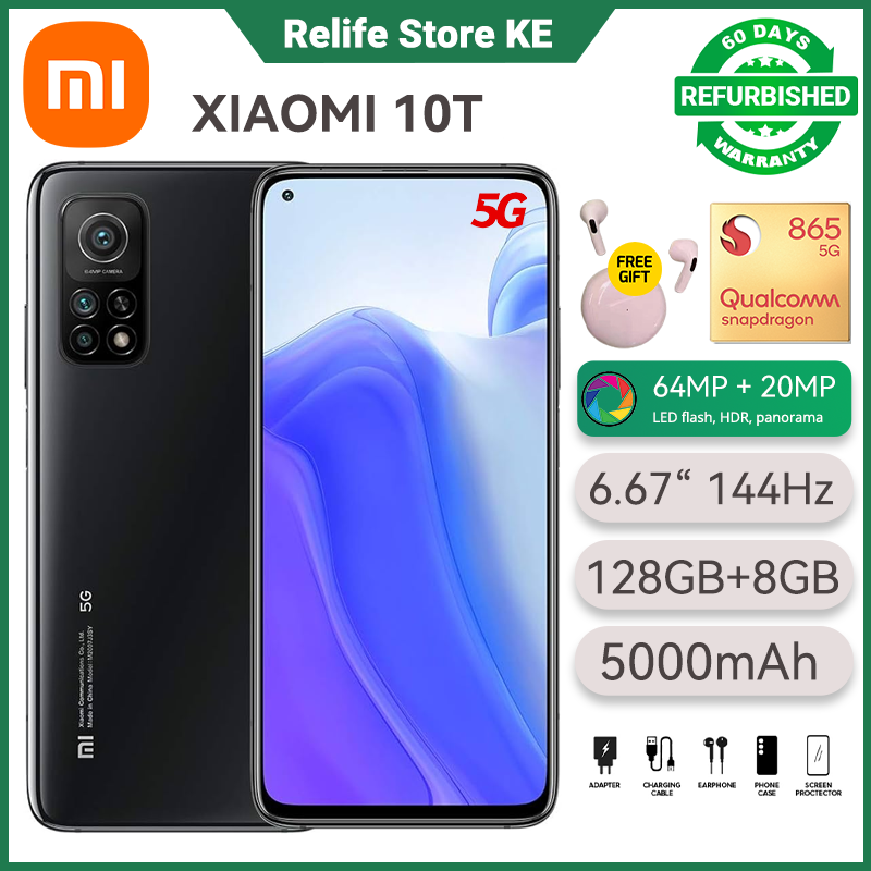 Refurbished Phones MI 10T Global 128GB 8GB RAM 144Hz Refresh Display Dual SIM Snapdragon 865 5G 64MP+20MP Camera 5000 mAh Side Fingerprint Unlock Smart Phones