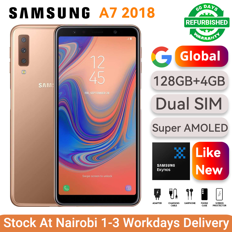 Refurbished Phones SAMSUNG A7 2018 Super AMOLED 128GB Storage 4GB RAM Exynos 7885 Dual SIM 3300mAh Battery Side Fingerprint Face Unlock 24MP+24MP Camera Smart Phones
