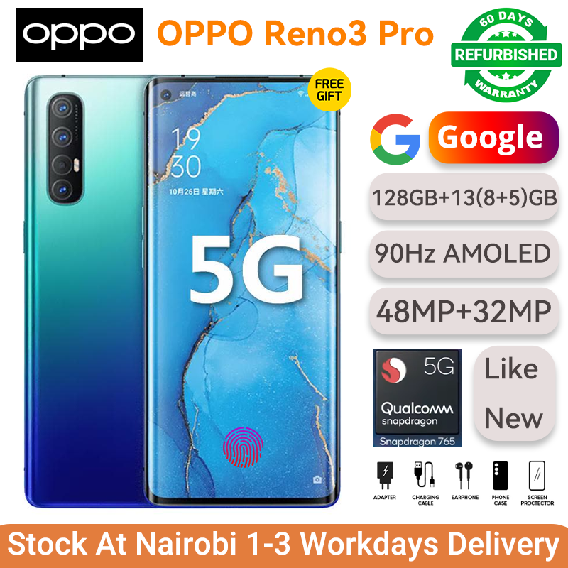 Refurbished Phone OPPO Reno3 Pro 13(8+5)GB RAM 90hz AMOLED Curved Screen 128GB Stoarge in-Display Fingerprint 48MP+32MP 4025 mAh 99% New Dual 5G Snapdragon 765G OPPO Reno 3 Pro Smart Phones