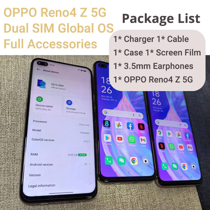 Refurbished Phones OPPO Reno4 Z 5G(A92s) 13(8+5)GB RAM 128GB ROM Dual SIM 5G Network 6.57" 120HZ Refresh Display 48MP+16MP Camera 4000 mAh type c otg Full Set Smart phones