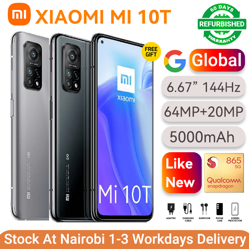 Refurbished Phones MI 10T Global 128GB 8GB RAM 144Hz Refresh Display Dual SIM Snapdragon 865 5G 64MP+20MP Camera 5000 mAh Side Fingerprint Unlock Smart Phones