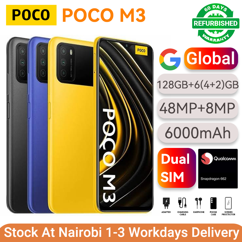 Refurbished Phone XIAOMI POCO M3 128GB Storage 6(4+2)GB RAM Snapdragon 662 Amdroid 10 Dual SIM 6000mAh Battery 48MP+8MP Camera Fingerprint (side-mounted) Smart Phones