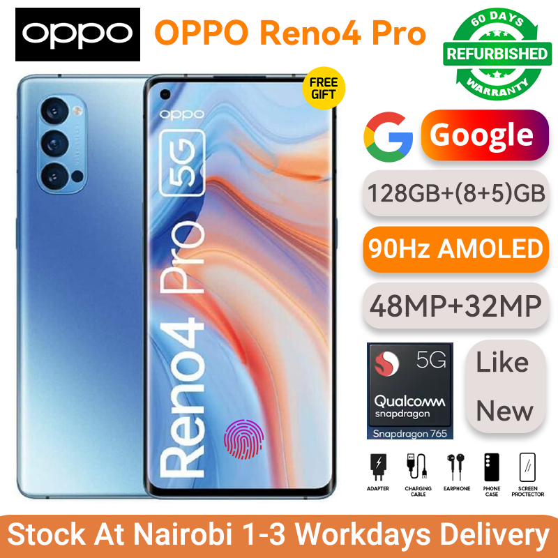 Refurbished Phone OPPO RENO 4 PRO 5G 13(8+5)GB RAM 128GB Storage 90Hz AMOLED 48MP+32MP Camera 4000 mAh Dual SIM 5G Network indisplay fingerprint Reno4 Pro Smart Phones Phones