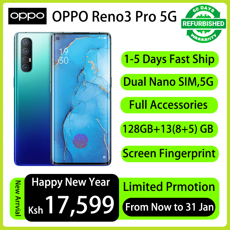 Refurbished Phone OPPO Reno3 Pro 13(8+5)GB RAM 90hz AMOLED Curved Screen 128GB Stoarge in-Display Fingerprint 48MP+32MP 4025 mAh 99% New Dual 5G Snapdragon 765G OPPO Reno 3 Pro Smart Phones