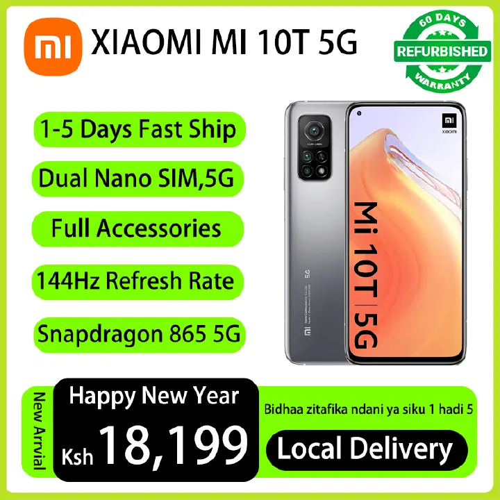 Refurbished Phones MI 10T Global 128GB 8GB RAM 144Hz Refresh Display Dual SIM Snapdragon 865 5G 64MP+20MP Camera 5000 mAh Side Fingerprint Unlock Smart Phones