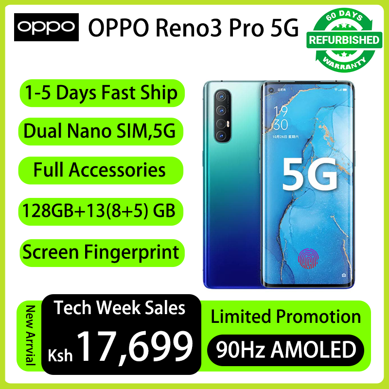 Refurbished Phone OPPO Reno3 Pro 13(8+5)GB RAM 90hz AMOLED Curved Screen 128GB Stoarge in-Display Fingerprint 48MP+32MP 4025 mAh 99% New Dual 5G Snapdragon 765G OPPO Reno 3 Pro Smart Phones