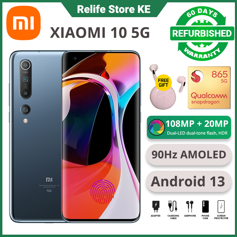 Refurbished Phone XIAOMI MI 10 12(8+4)GB RAM 90Hz AMOLED Snapdragon 865 5G 108MP Underdisplay Fingerprint 4780mAh VC Liquid Cool Dual 5G Network Wifi-6 Smart Phones
