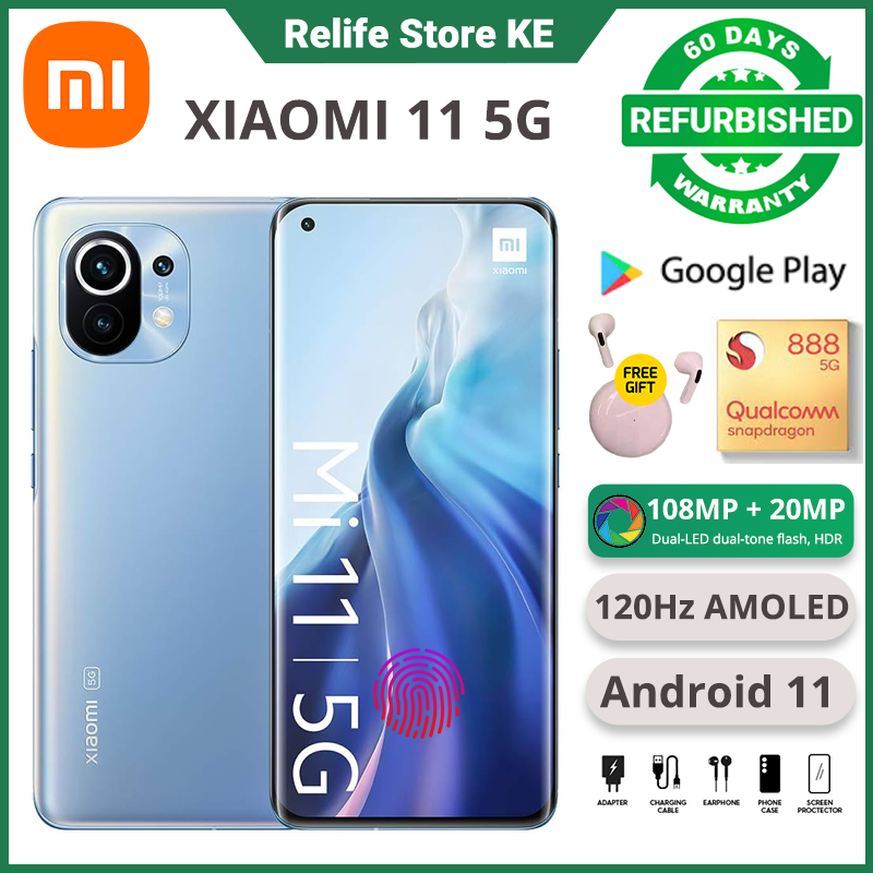 Refurbished Phones XIAOMI MI 11 5G Network 128GB Storage 8GB RAM Dual SIM 108MP 6.81" original 2K AMOLED Quad-curved flexible Screen fingerprint and face recognition 4600mAh Smart Phones