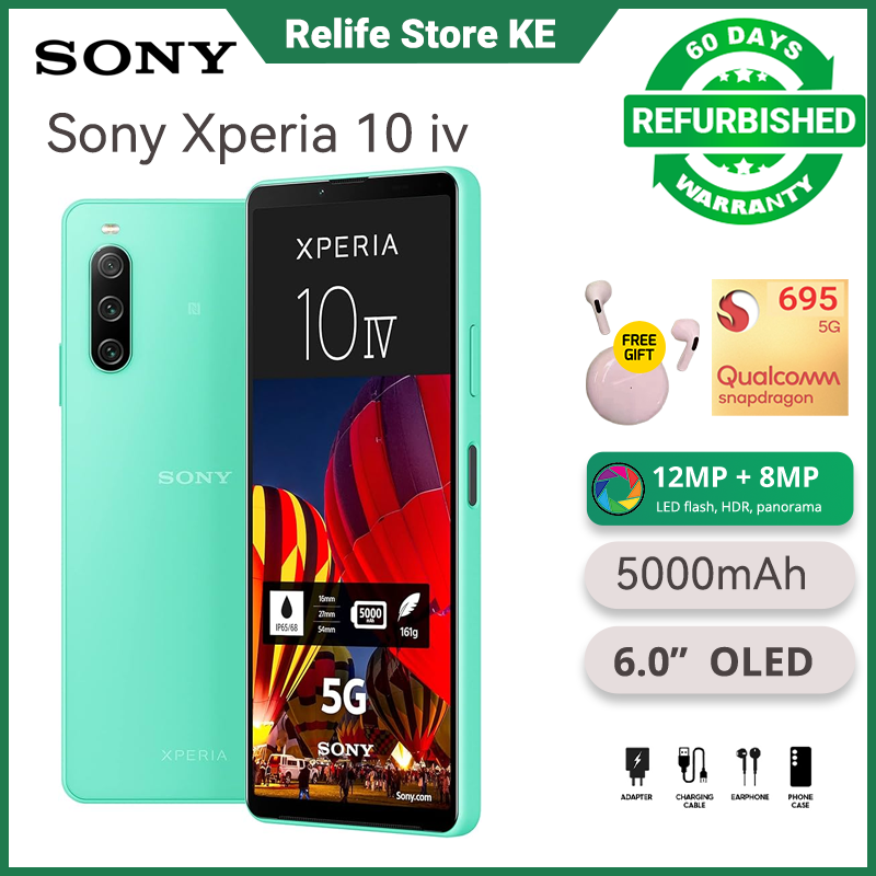 Refurbished Sony Xperia 10 IV Snapdragon 695 5G 6GB RAM 128GB Storage 6.0" OLED Screen 5000mAh Battry 12MP+8MP Camera Side Fingerprint Android 13 Smart Phones