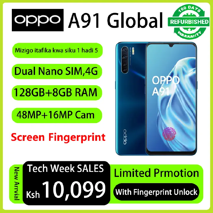 Refurbished Phones OPPO A91 Fingerprint Unlock 128GB Storage 8GB RAM 48MP+16MP Camera  Helio P70 Dual 4G Nework 4025mAh Battery  6.4" Screen Smart Phones