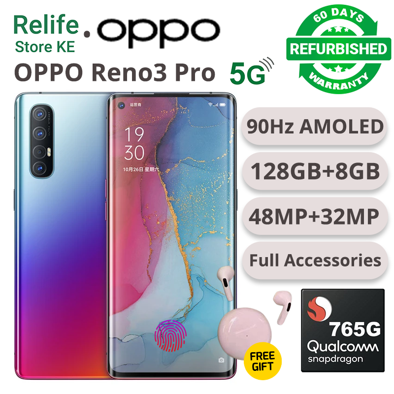 Refurbished Phone OPPO Reno3 Pro 13(8+5)GB RAM 90hz AMOLED Curved Screen 128GB Stoarge in-Display Fingerprint 48MP+32MP 4025 mAh 99% New Dual 5G Snapdragon 765G OPPO Reno 3 Pro Smart Phones