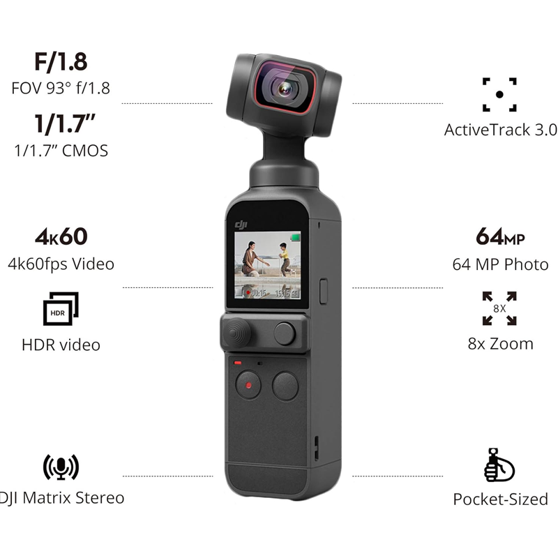 Refurbished DJI Pocket 2 - Handheld 3-Axis Gimbal Stabilizer with 4K Camera, 1/1.7” CMOS, 64MP Photo, Pocket-Sized, ActiveTrack 3.0, Glamour Effects, YouTube TikTok Video Vlog, for Android and iPhone