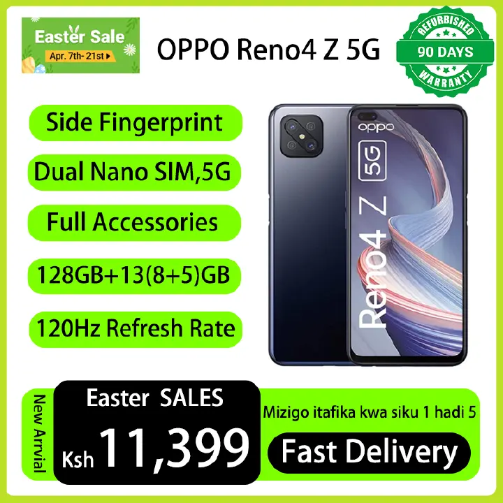 Refurbished Phones OPPO Reno4 Z 5G(A92s) 13(8+5)GB RAM 128GB ROM Dual SIM 5G Network 6.57" 120HZ Refresh Display 48MP+16MP Camera 4000 mAh type c otg Full Set Smart phones