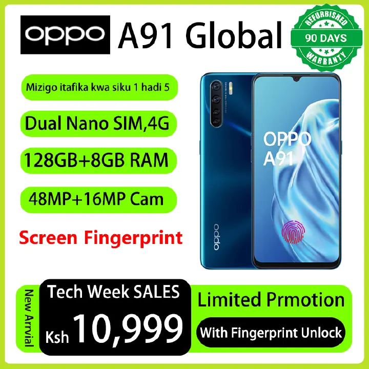 Refurbished Phones OPPO A91 Fingerprint Unlock 128GB Storage 8GB RAM 48MP+16MP Camera  Helio P70 Dual 4G Nework 4025mAh Battery  6.4" Screen Smart Phones