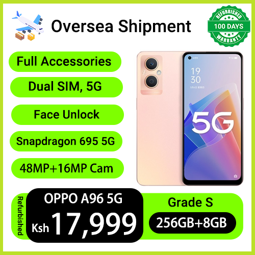 Refurbished Phones OPPO A96 5G Dual SIM 8GB RAM 256GB Storage Snapdragon 695 5G CPU 48MP+16MP Star Circle LED Light Camera 6.43Inch Screen Face Unlock Android 11 Smart Phones