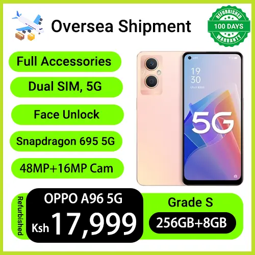 Refurbished Phones OPPO A96 5G Dual SIM 8GB RAM 256GB Storage Snapdragon 695 5G CPU 48MP+16MP Star Circle LED Light Camera 6.43Inch Screen Face Unlock Android 11 Smart Phones