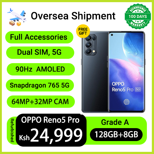 Refurbished Phones OPPO Reno5 Pro 128G Storage 8GB RAM 5G Curved AMOLED Screen 4350mAh Screen Fingerprint Face ID Dimensity 1000+ 6.55" 90HZ AMOLED 64MP Smart Phones