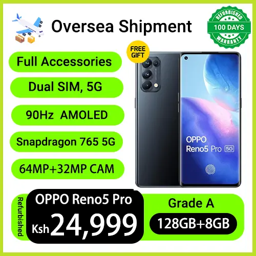 Refurbished Phones OPPO Reno5 Pro 128G Storage 8GB RAM 5G Curved AMOLED Screen 4350mAh Screen Fingerprint Face ID Dimensity 1000+ 6.55" 90HZ AMOLED 64MP Smart Phones