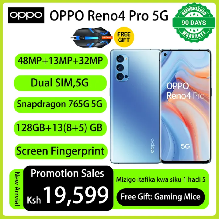 Refurbished Phones OPPO Reno4 PRO 5G 13(8+5)GB RAM 128GB Storage 90Hz AMOLED 48MP+32MP Camera 4000 mAh Dual SIM 5G Network indisplay fingerprint Reno 4 Pro Smart Phones Phones