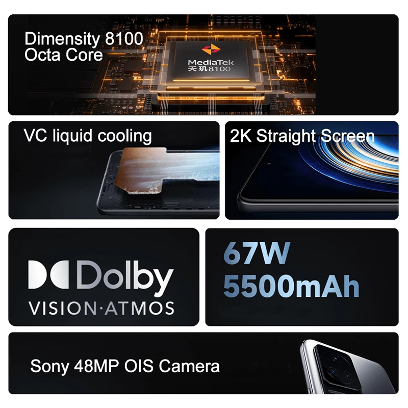 Refurbished Phones Redmi K50 Mediatek Dimensity 8100 Original 120Hz 2K OLED 5G CPU 5500mAH Battery 48MP+20MP Side Fingerprint Unlock Smart Phones